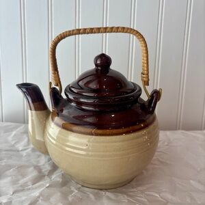 Brown and Cream Ceramic Teapot with Wicker Handle